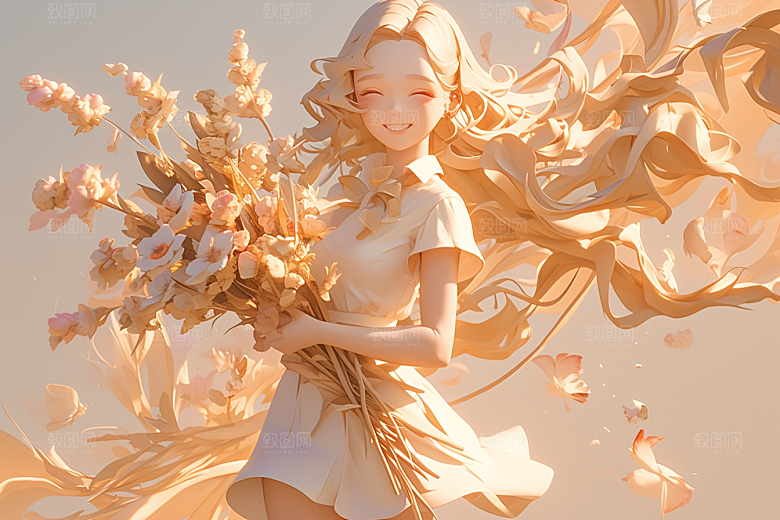 手捧鲜花的少女清新立体素材