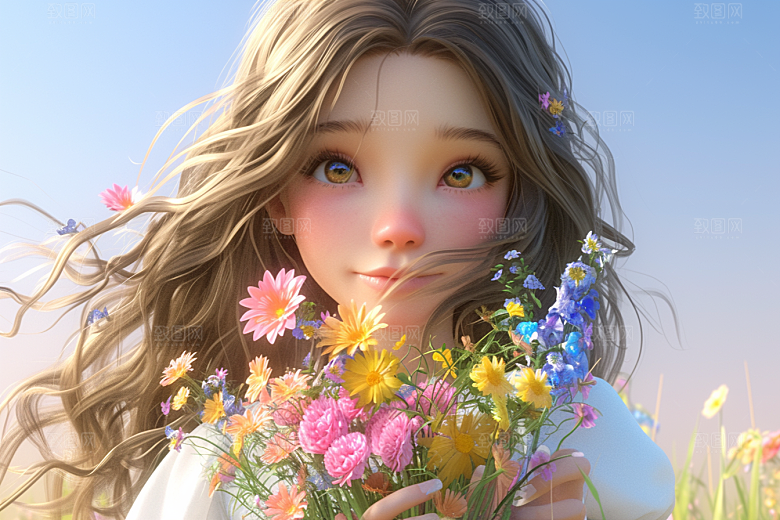 手捧鲜花的少女青春人物素材