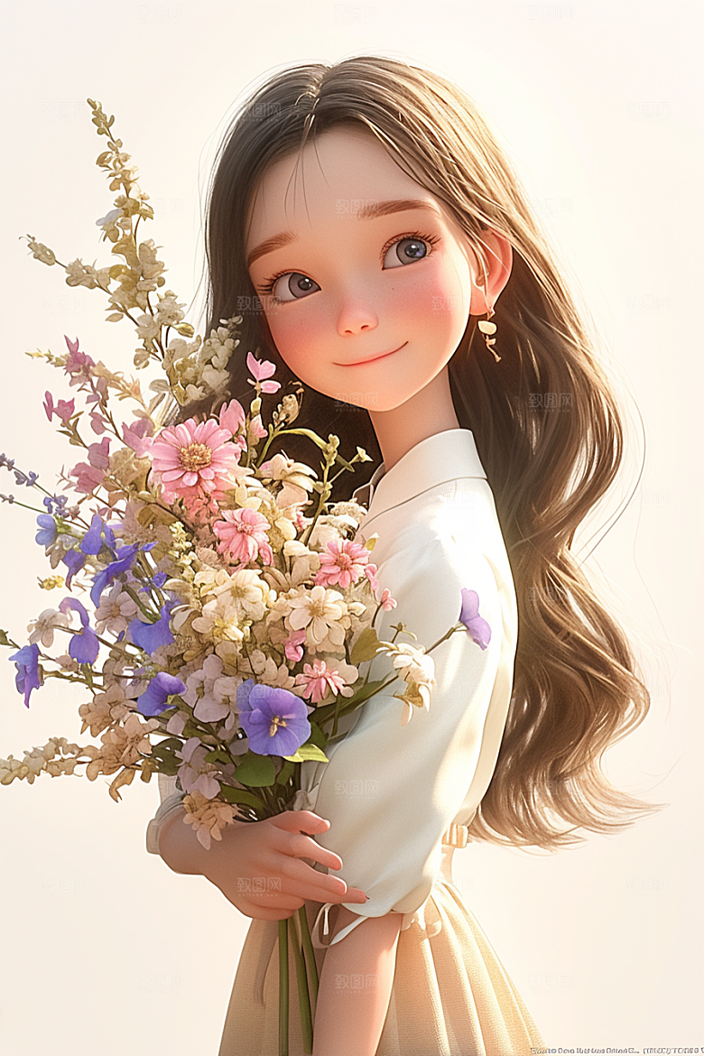 手捧鲜花的少女花朵人物素材