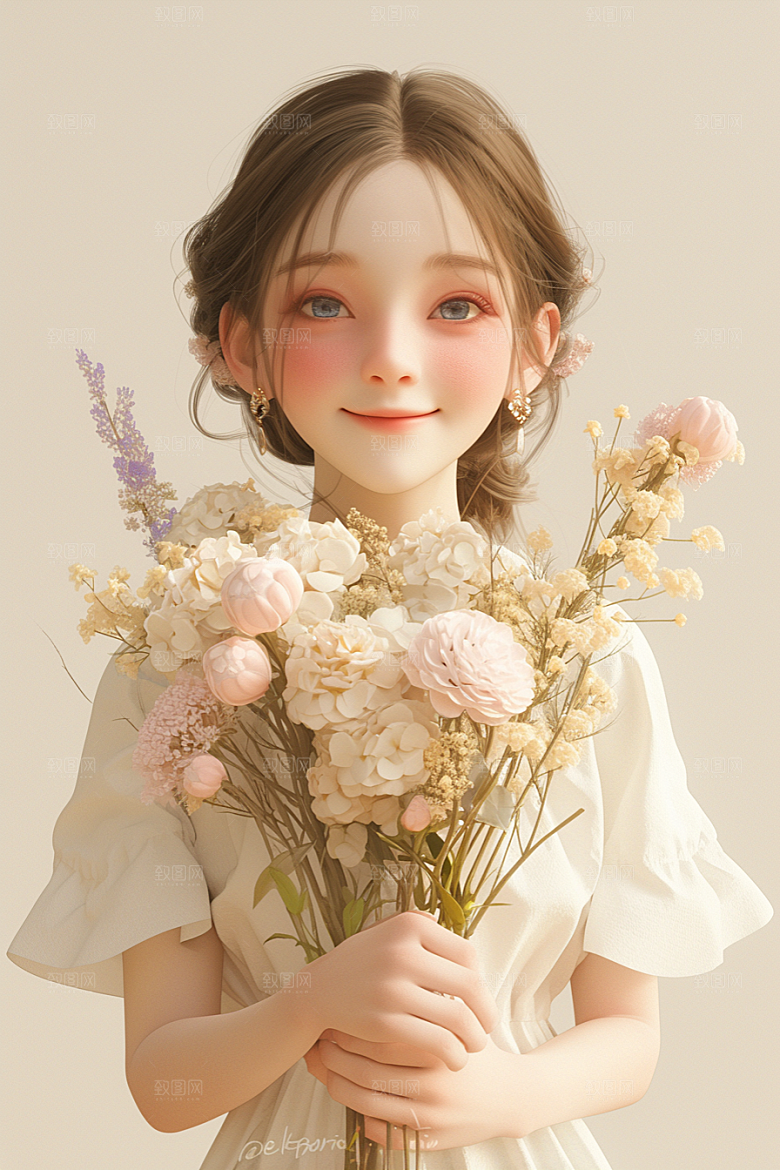 手捧鲜花的少女清新自然素材