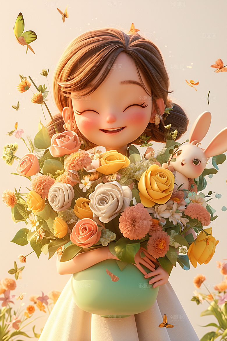 手捧鲜花的少女清新梦幻素材
