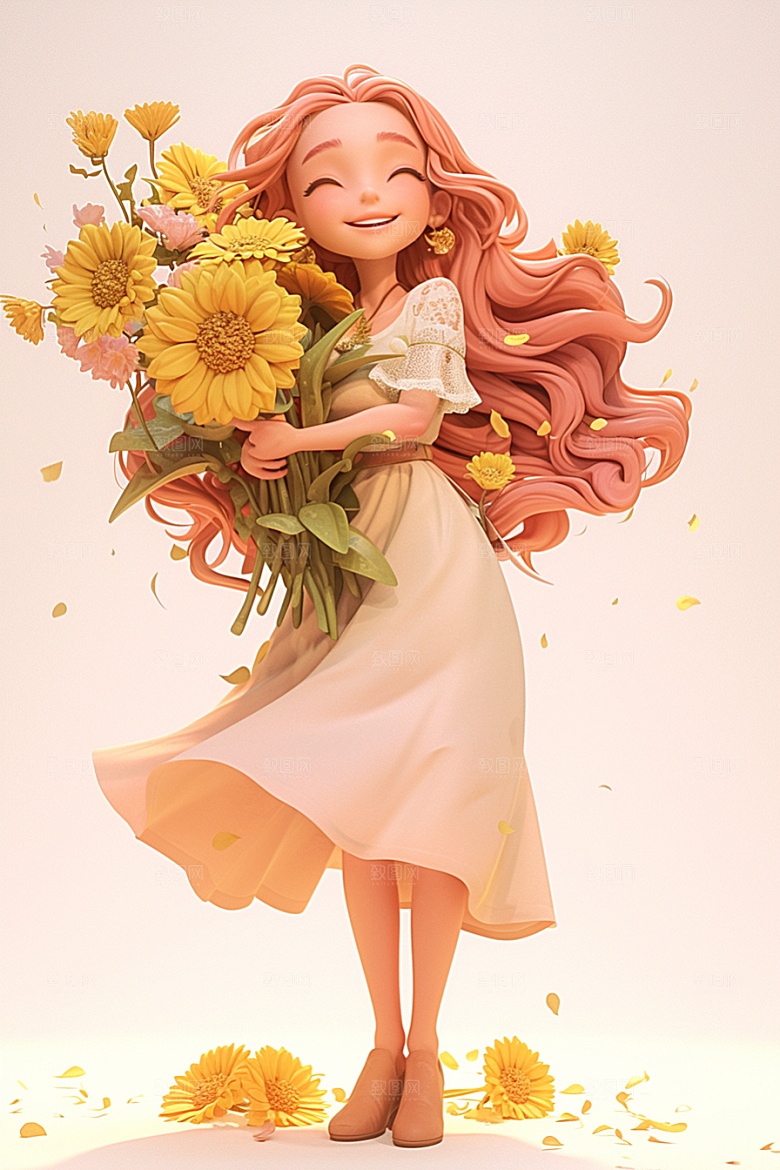 手捧鲜花的少女唯美清新素材