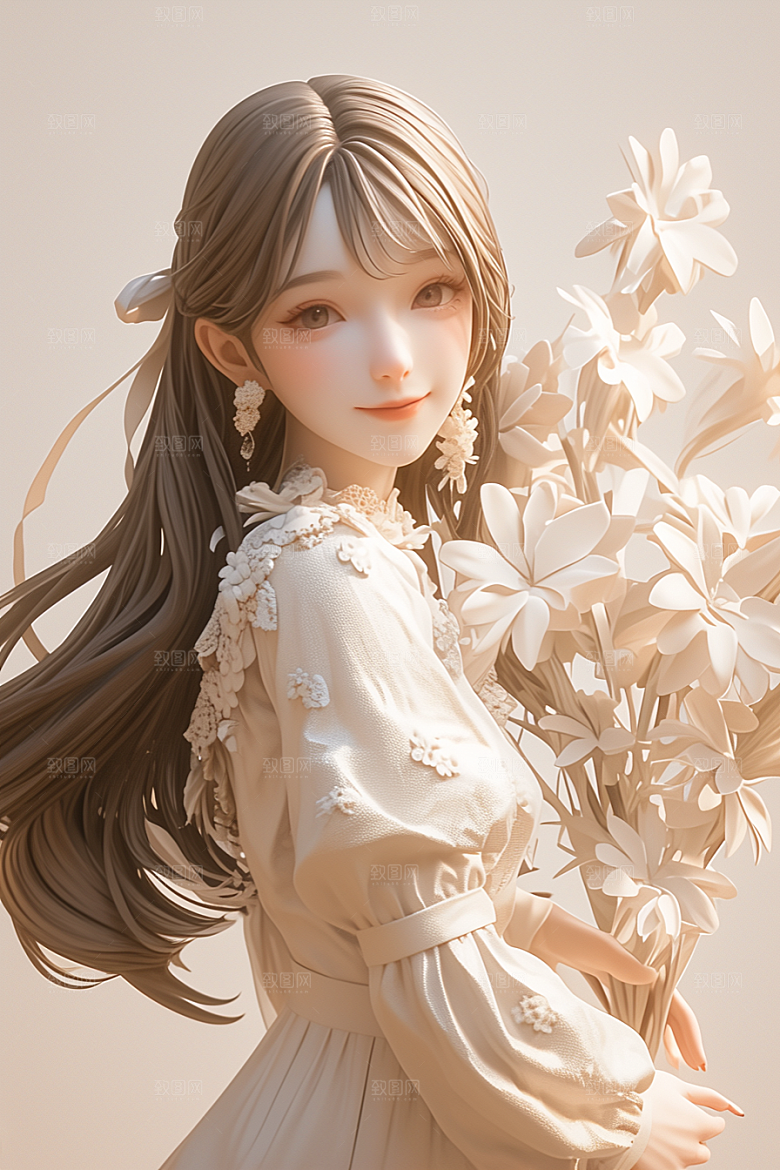 手捧鲜花的少女模型唯美素材
