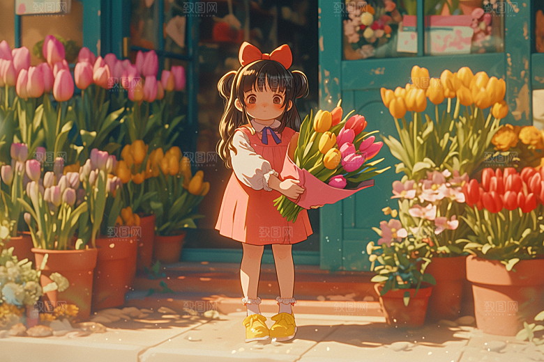 手捧鲜花的少女人物花朵素材