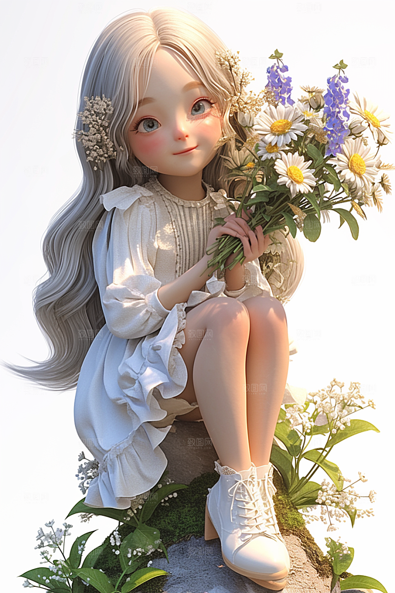 手捧鲜花的少女唯美立体素材