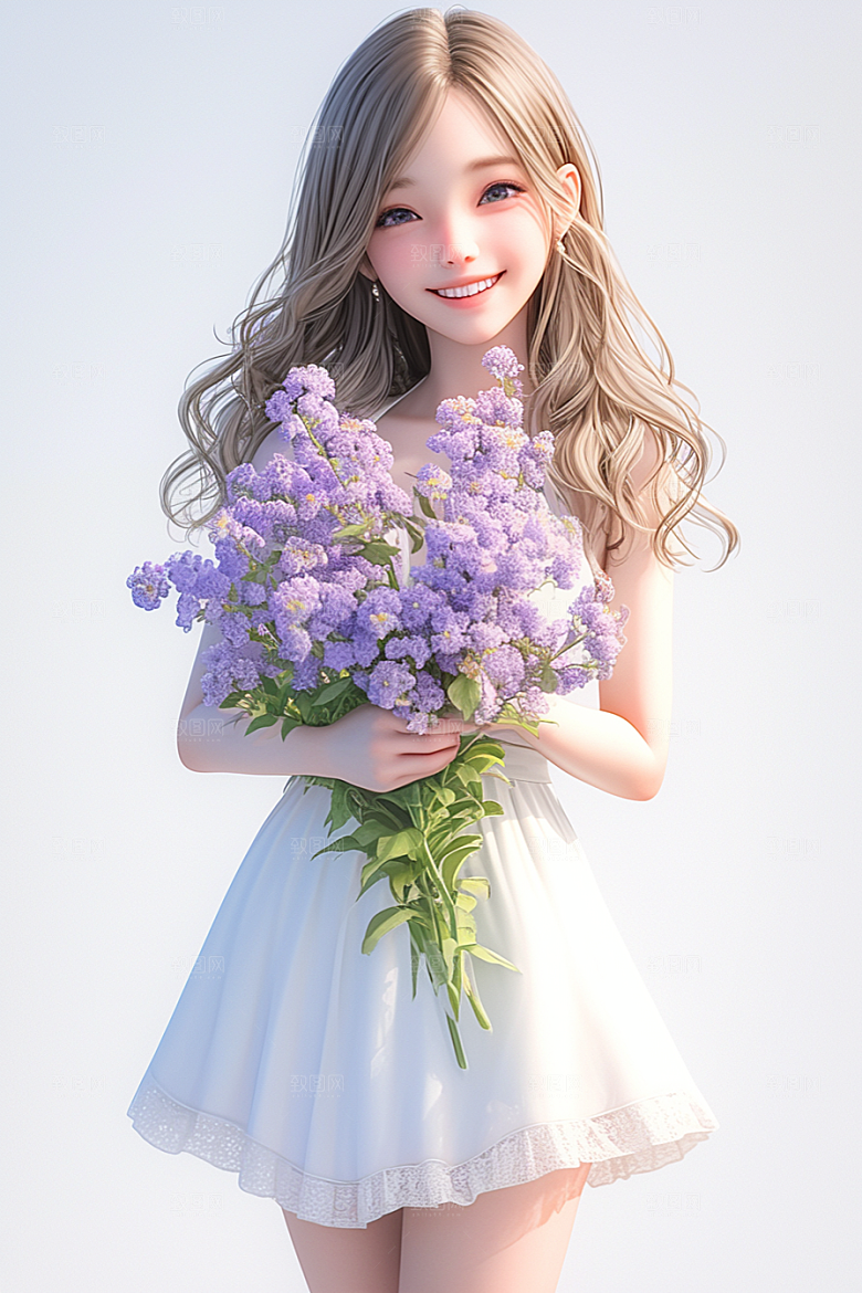 手捧鲜花的少女梦幻模型素材