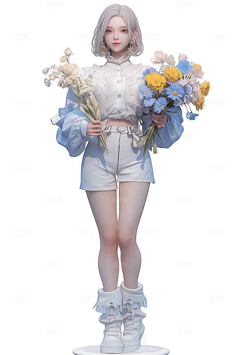 手捧鲜花的少女3D梦幻素材