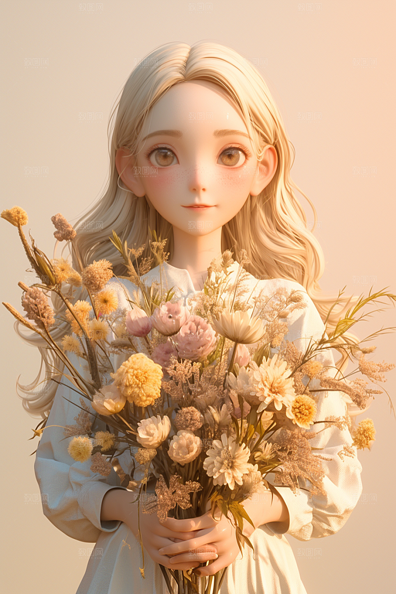 手捧鲜花的少女模型唯美素材