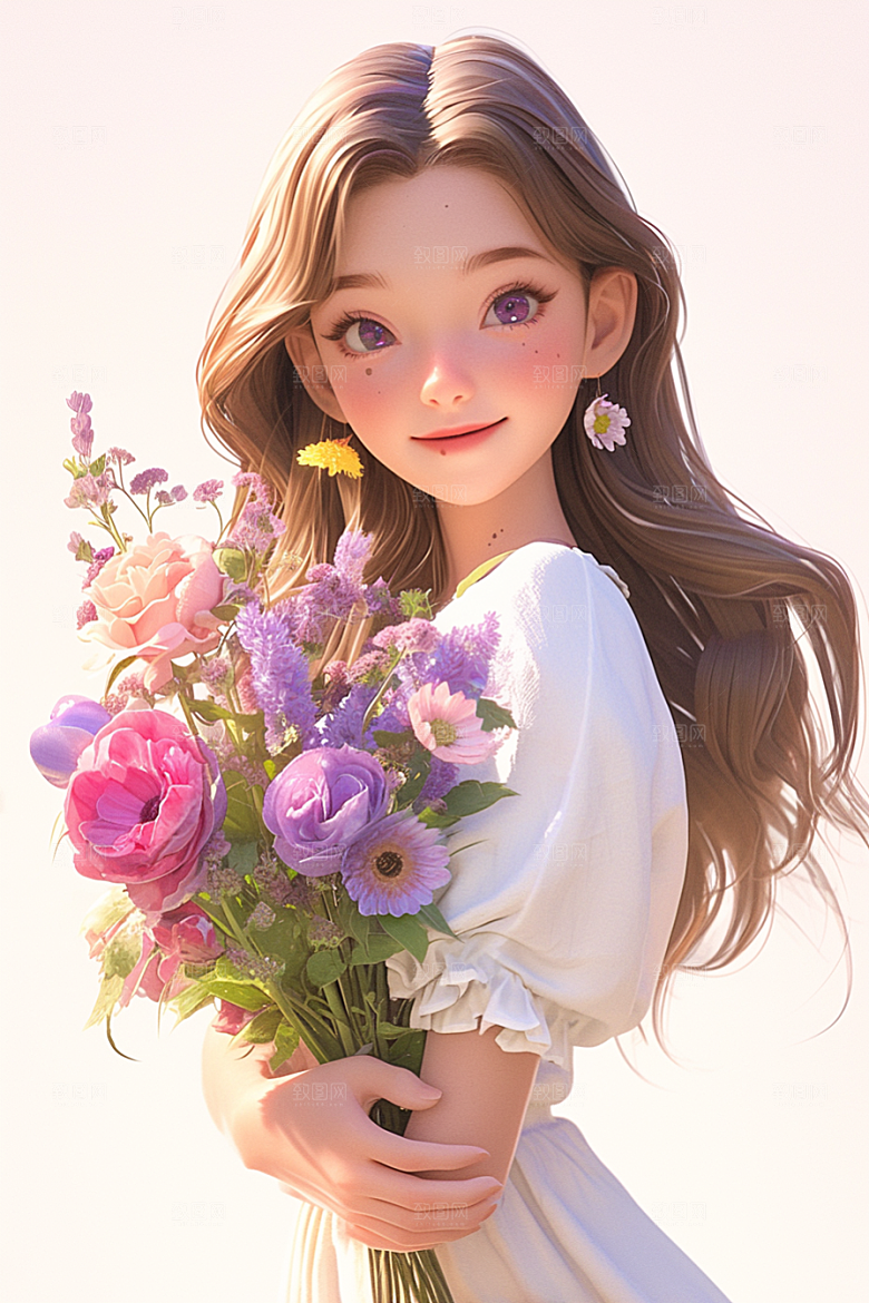 手捧鲜花的少女青春清新素材