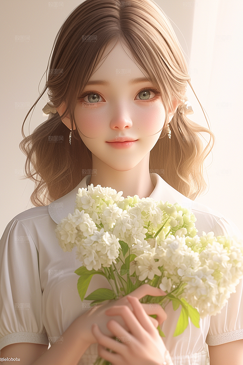 手捧鲜花的少女自然3D素材