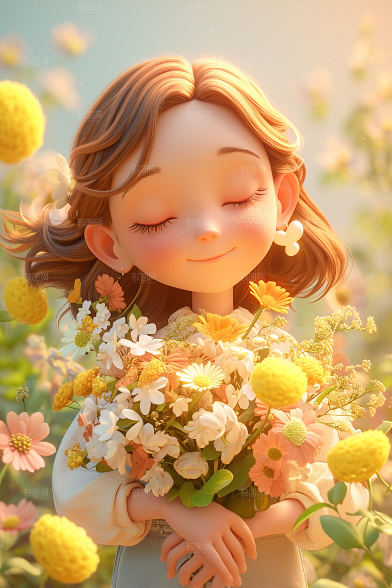 手捧鲜花的少女模型青春素材
