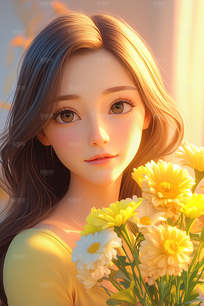 手捧鲜花的少女肖像烂漫素材