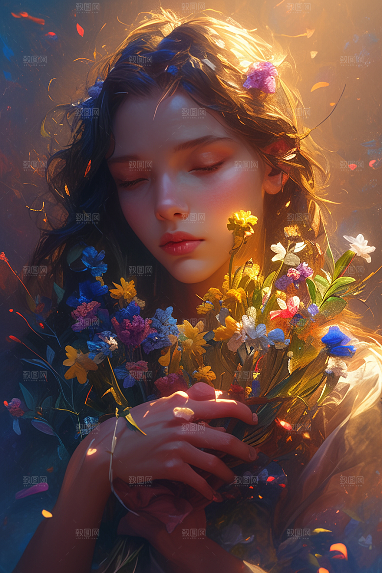 手捧鲜花的少女青春3D素材