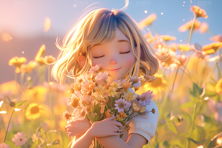 手捧鲜花的少女3D立体素材