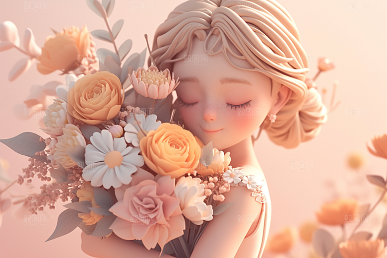 手捧鲜花的少女3D模型素材