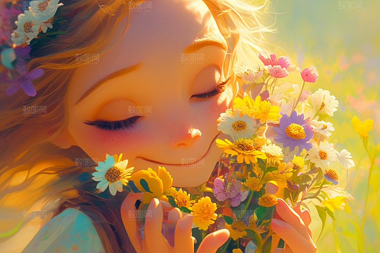 手捧鲜花的少女青春梦幻素材