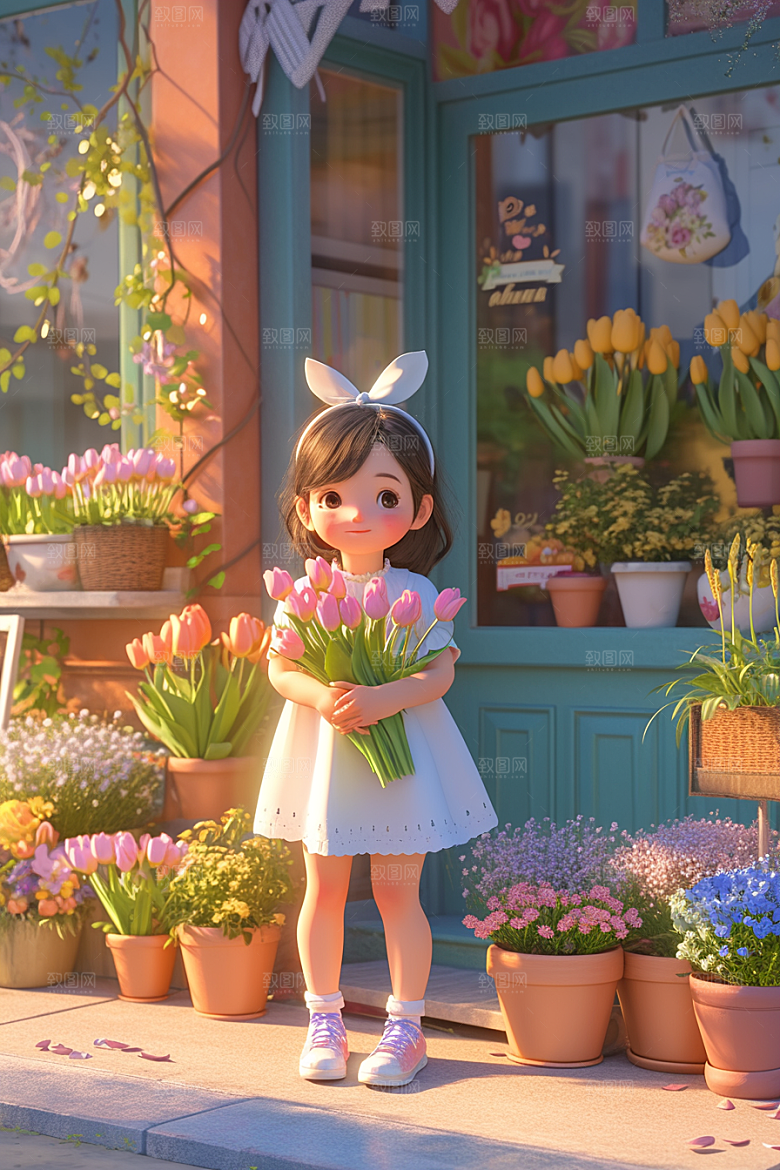手捧鲜花的少女3D肖像素材