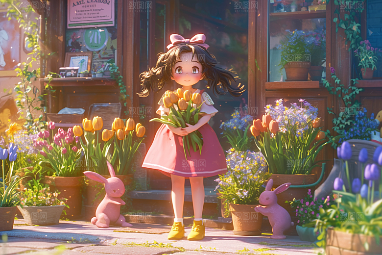 手捧鲜花的少女清新梦幻素材