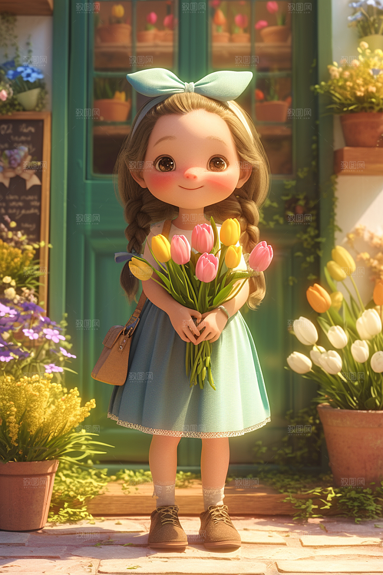 手捧鲜花的少女3D人物素材