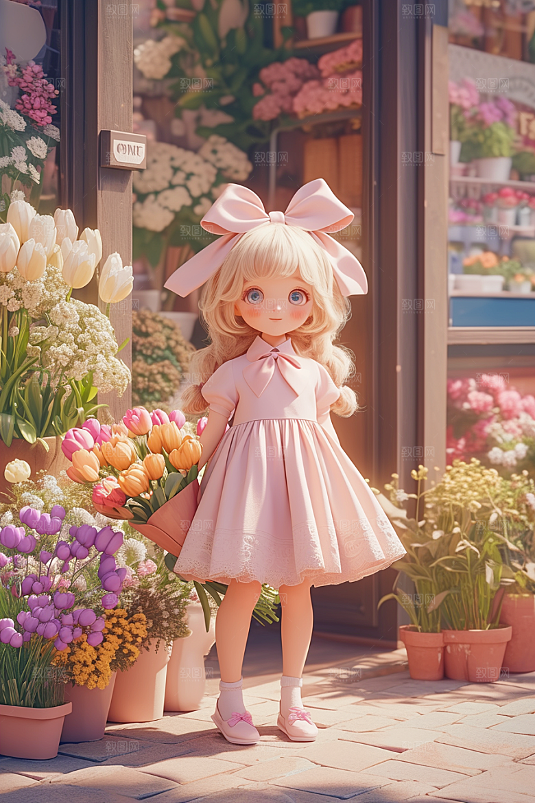 手捧鲜花的少女立体人物素材