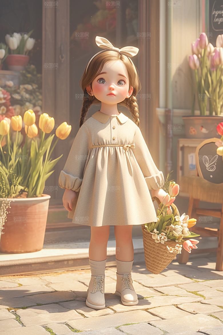 手捧鲜花的少女肖像青春素材