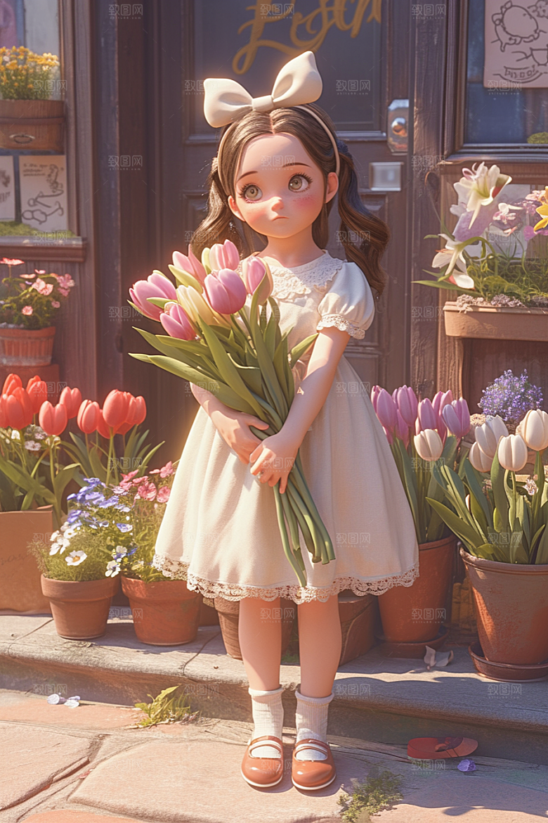 手捧鲜花的少女青春3D素材