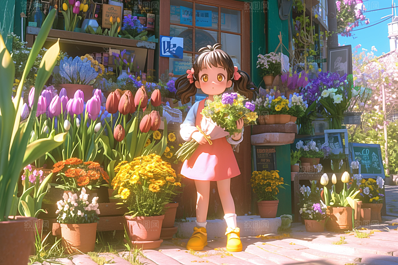 手捧鲜花的少女立体梦幻素材