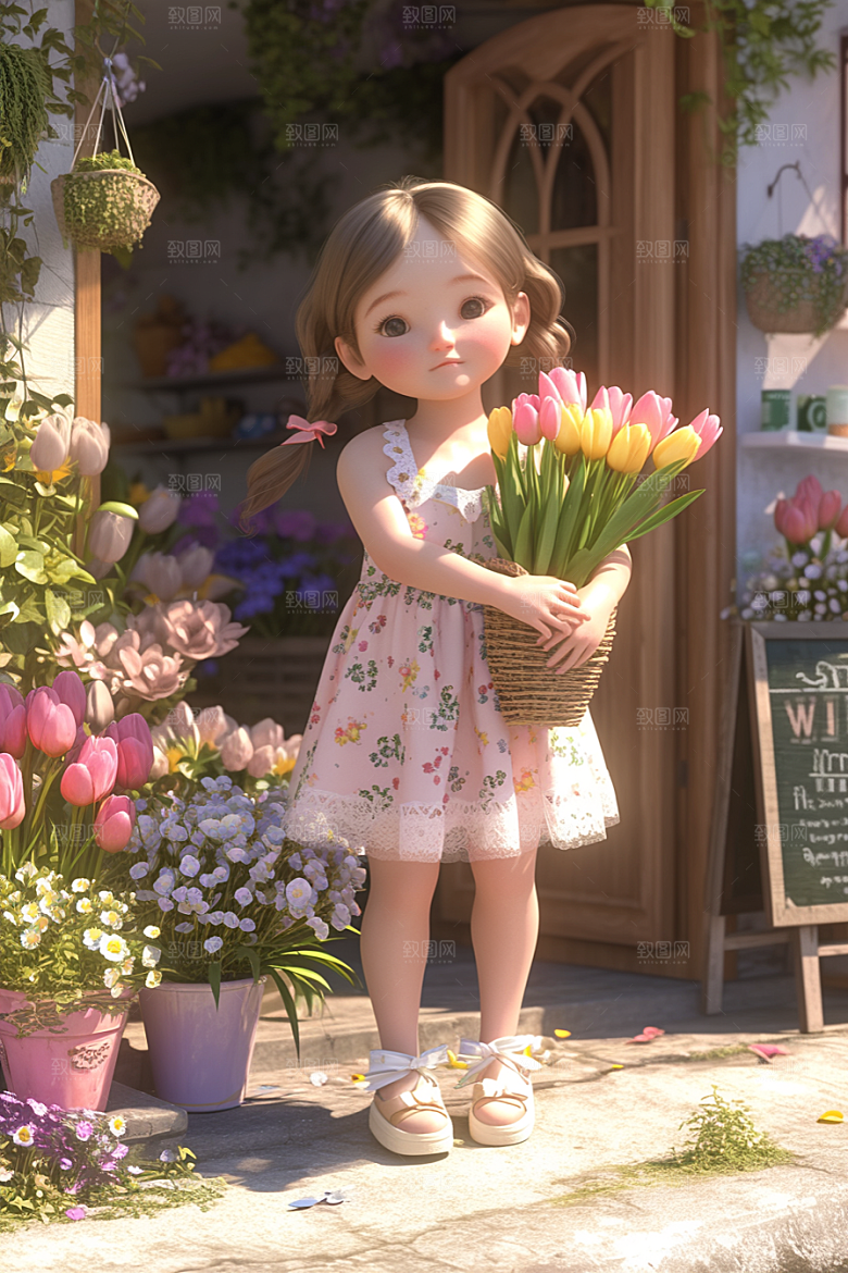 手捧鲜花的少女3D自然素材