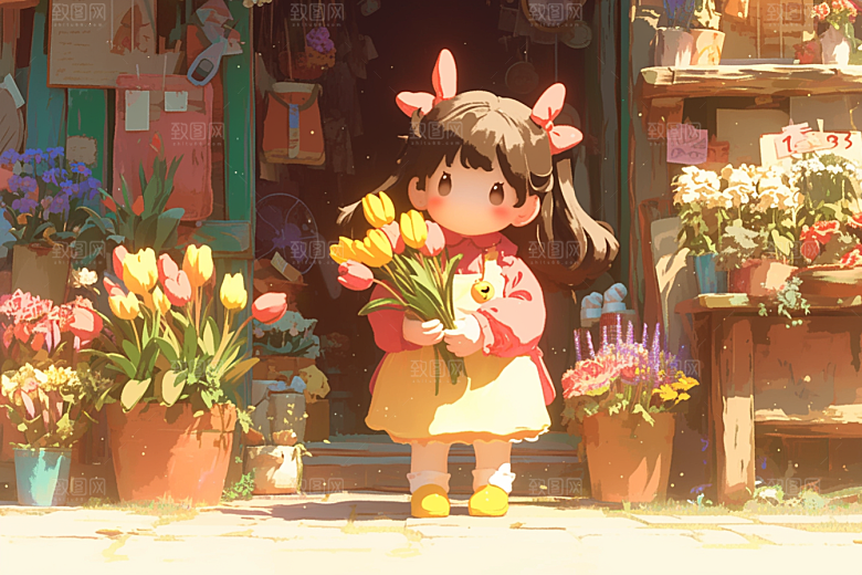 手捧鲜花的少女烂漫唯美素材