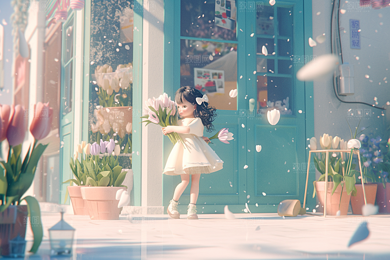 手捧鲜花的少女肖像唯美素材