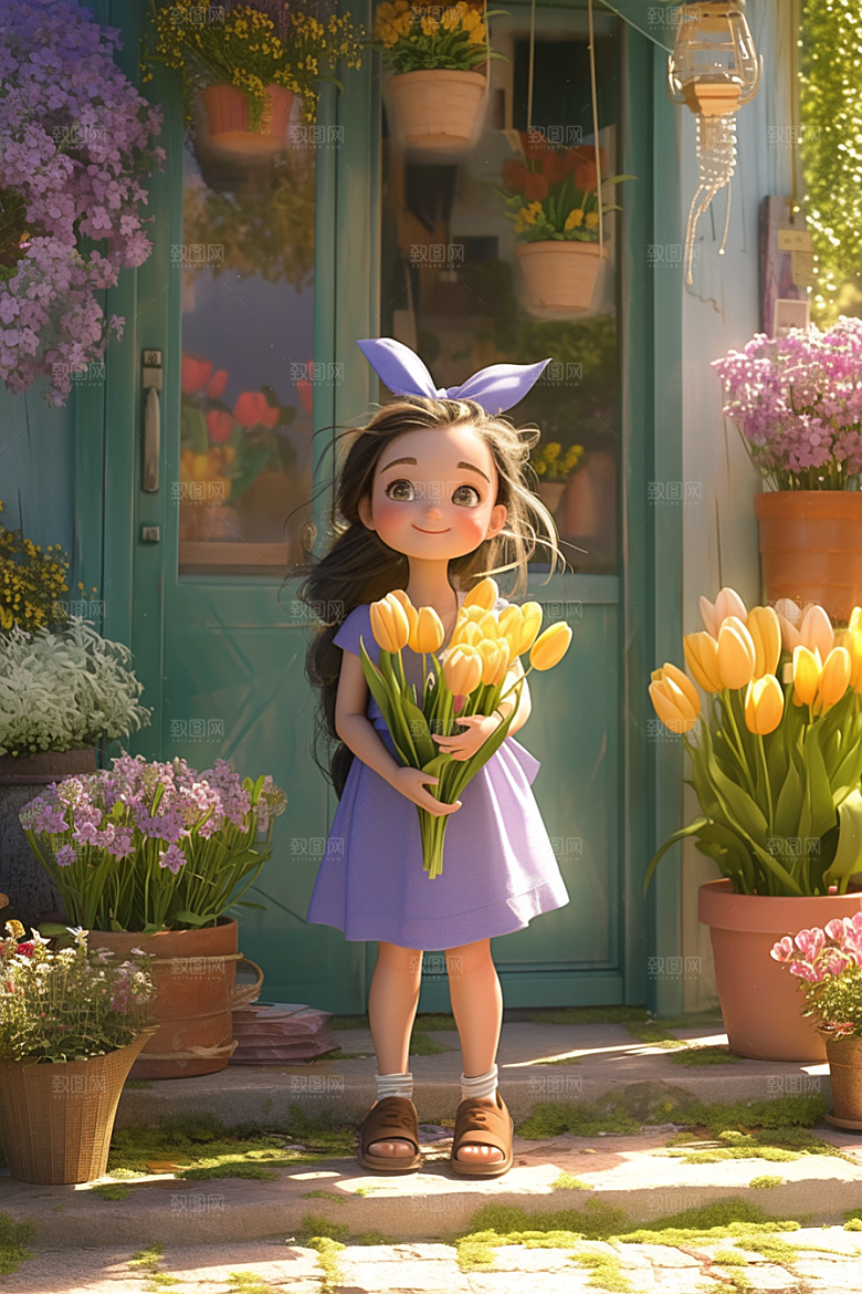 手捧鲜花的少女清新3D素材