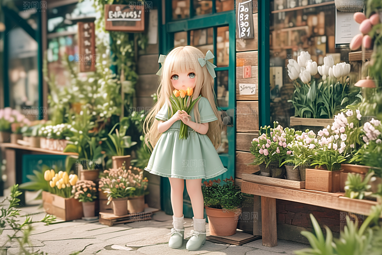 手捧鲜花的少女梦幻青春素材