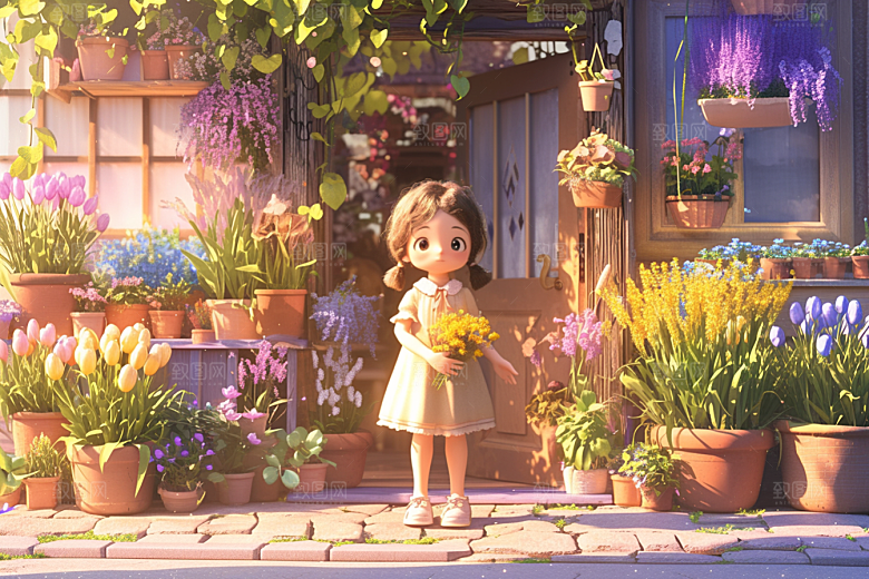 手捧鲜花的少女烂漫春天素材