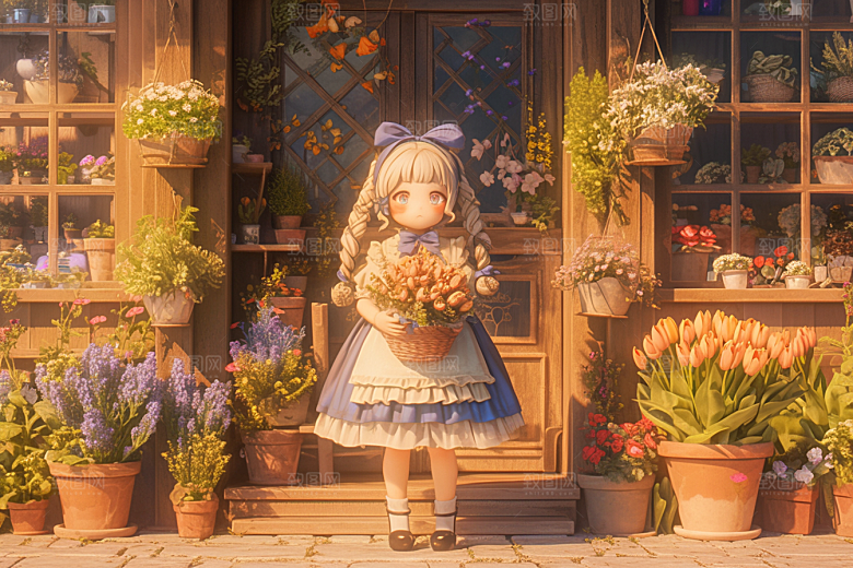 手捧鲜花的少女人物唯美素材