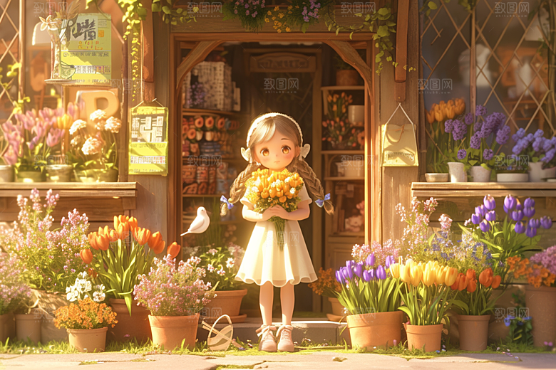 手捧鲜花的少女立体清新素材
