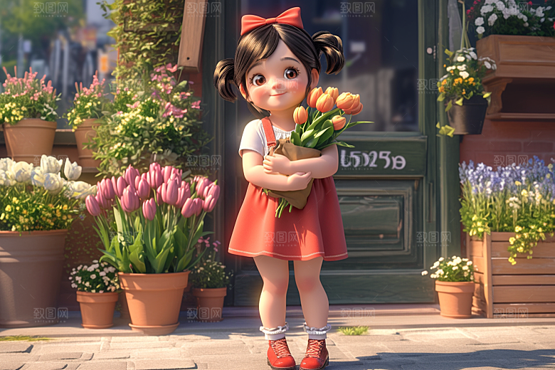 手捧鲜花的少女花朵唯美素材