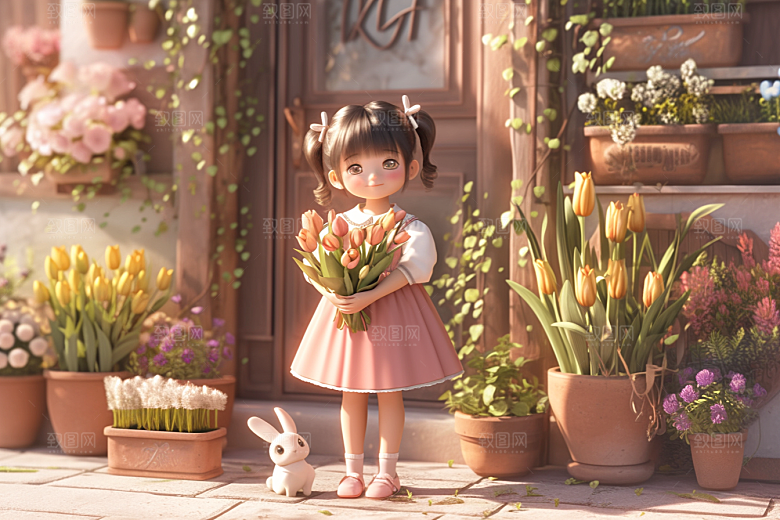 手捧鲜花的少女3D肖像素材