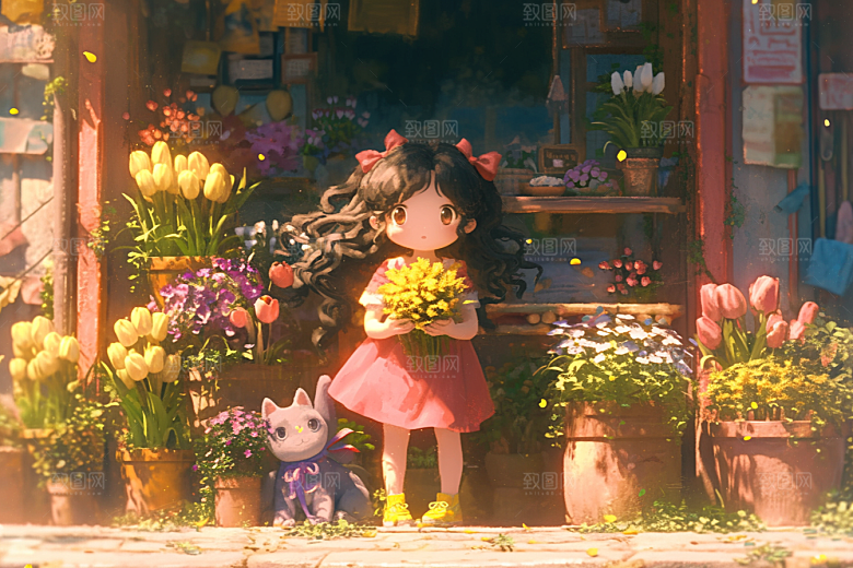 手捧鲜花的少女人物春天素材