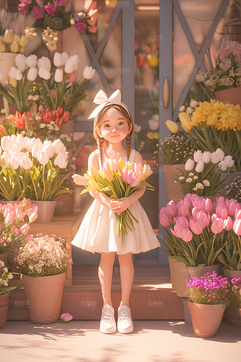 手捧鲜花的少女3D自然素材