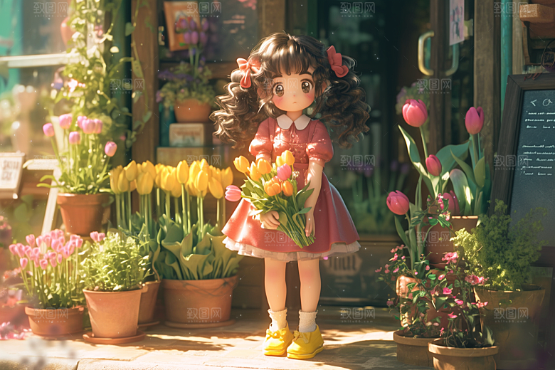 手捧鲜花的少女清新立体素材
