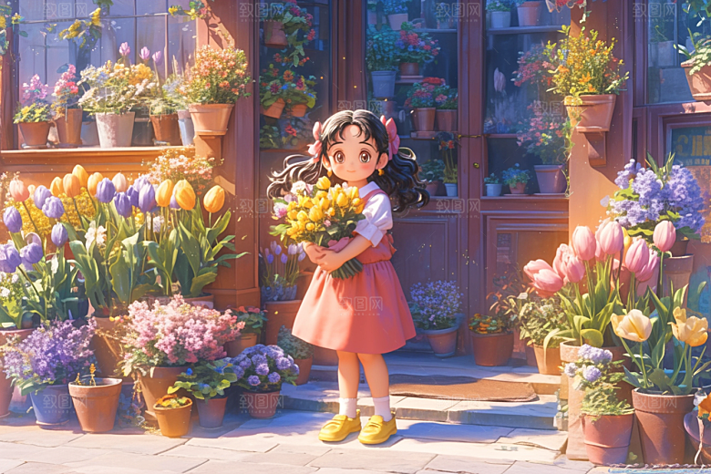 手捧鲜花的少女春天唯美素材