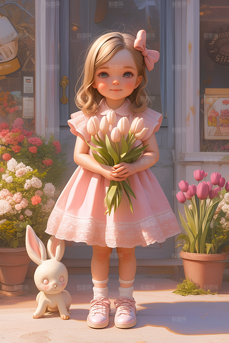 手捧鲜花的少女3D自然素材