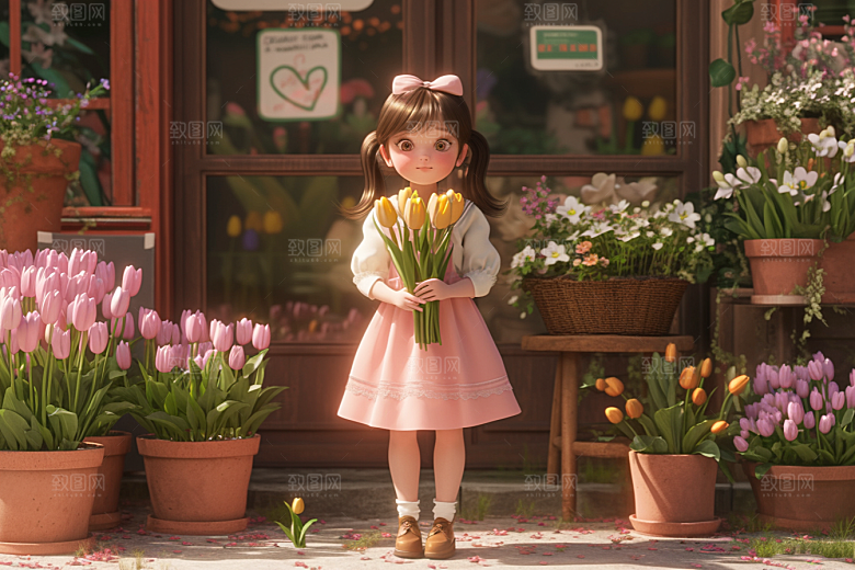 手捧鲜花的少女3D人物素材