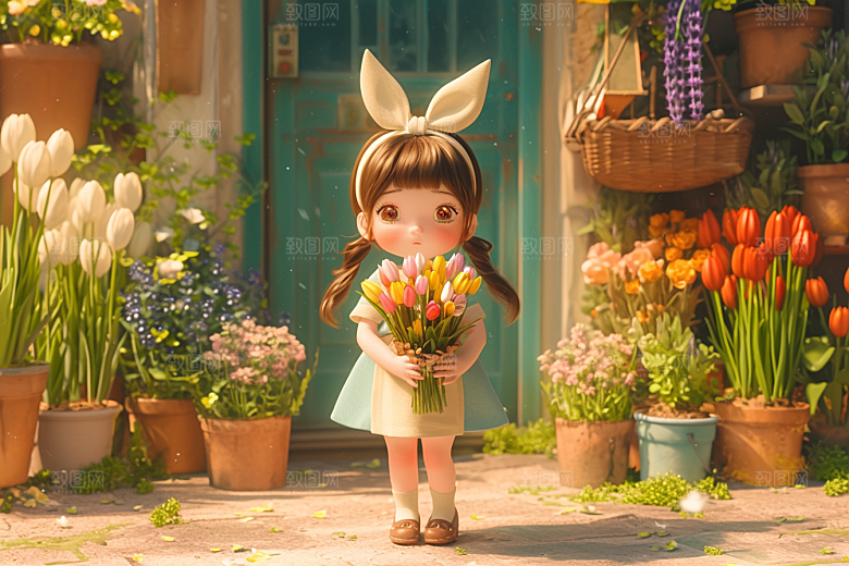手捧鲜花的少女3D立体素材