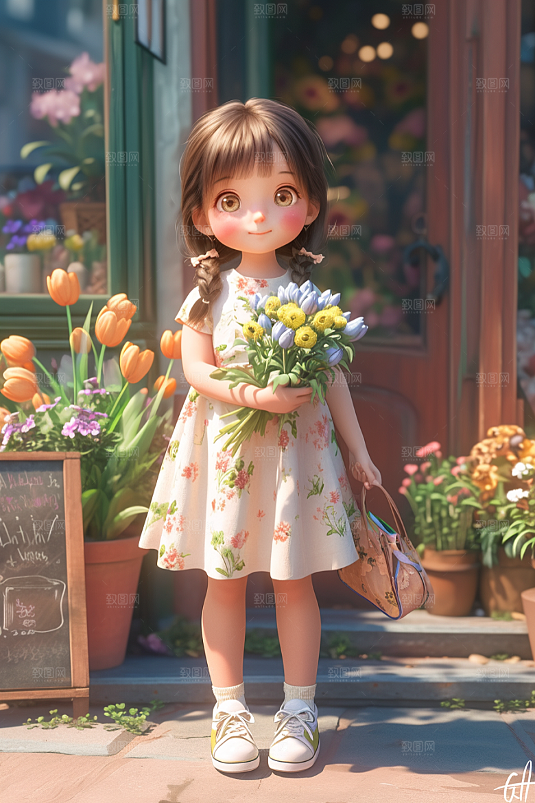 手捧鲜花的少女梦幻自然素材
