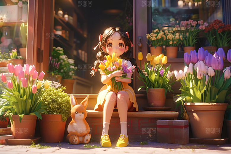 手捧鲜花的少女梦幻自然素材