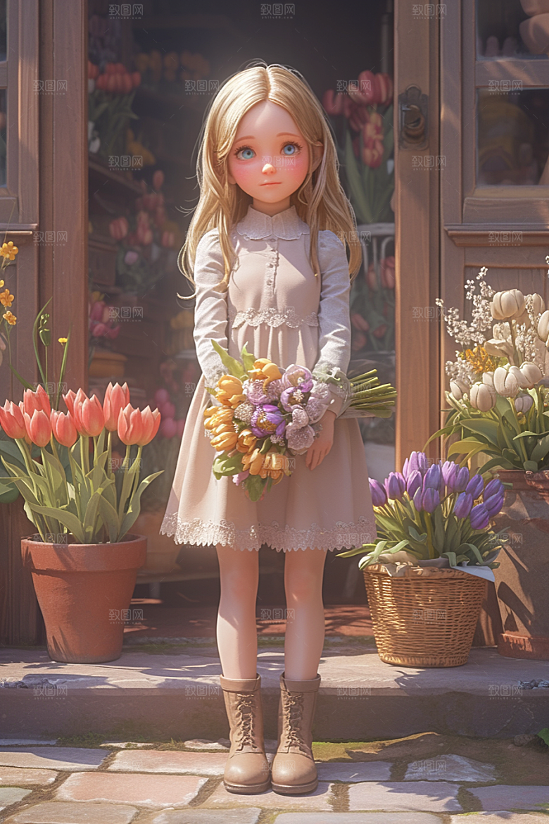 手捧鲜花的少女梦幻肖像素材