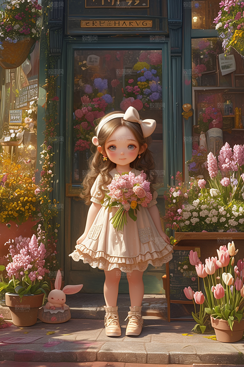 手捧鲜花的少女肖像自然素材