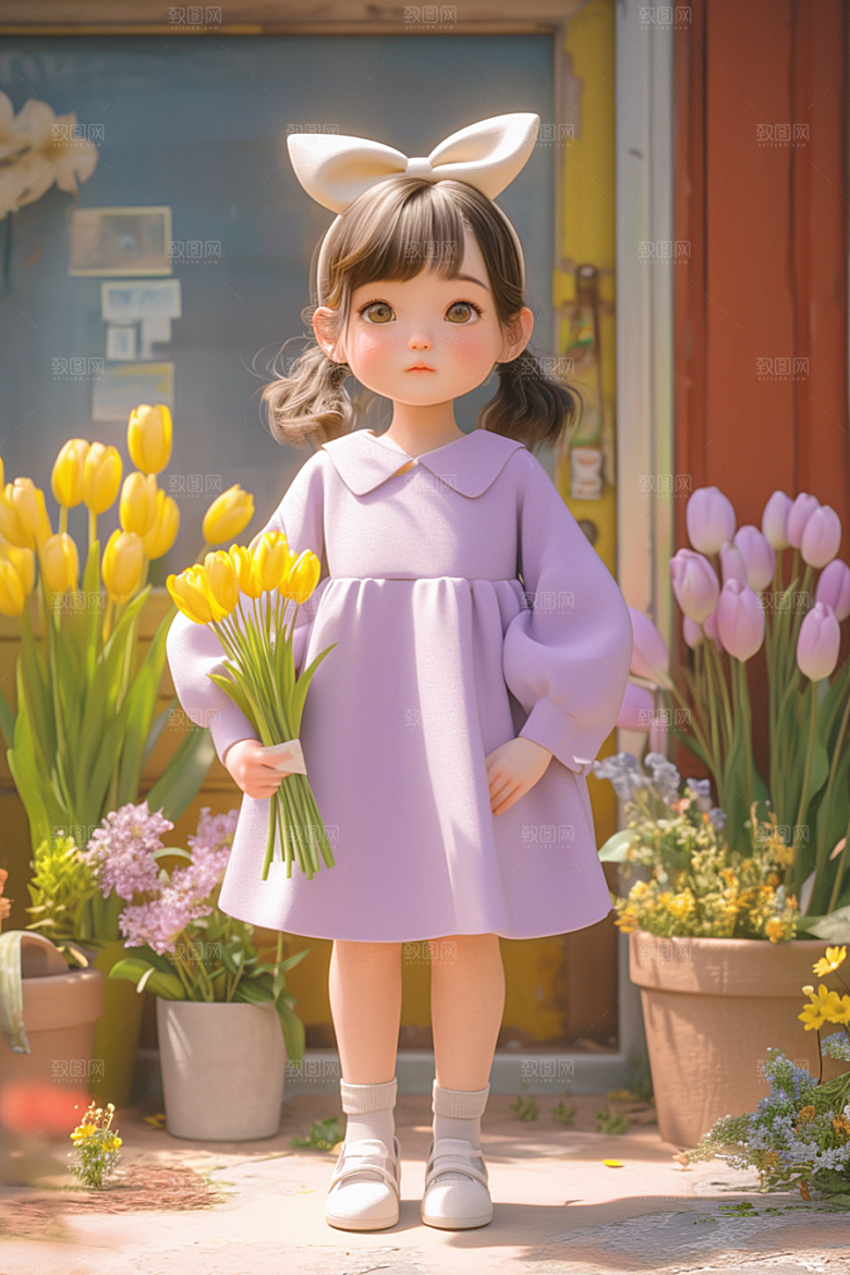 手捧鲜花的少女3D人物素材