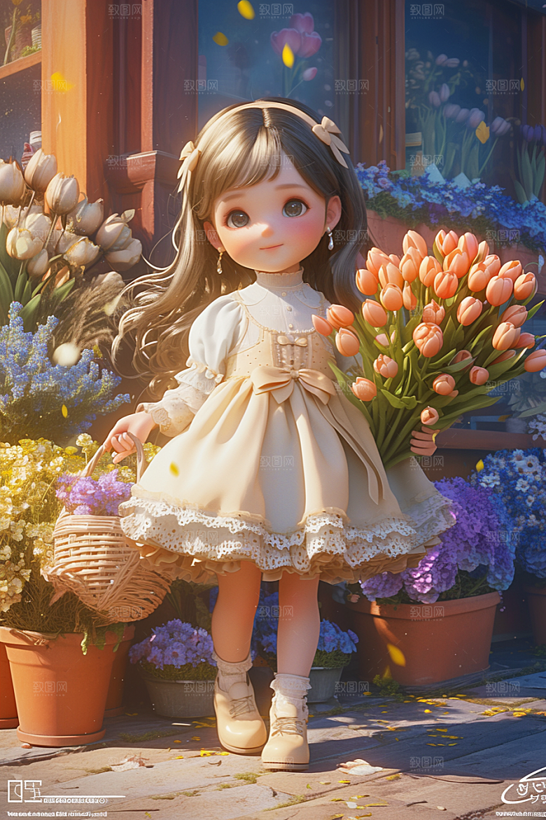手捧鲜花的少女立体青春素材